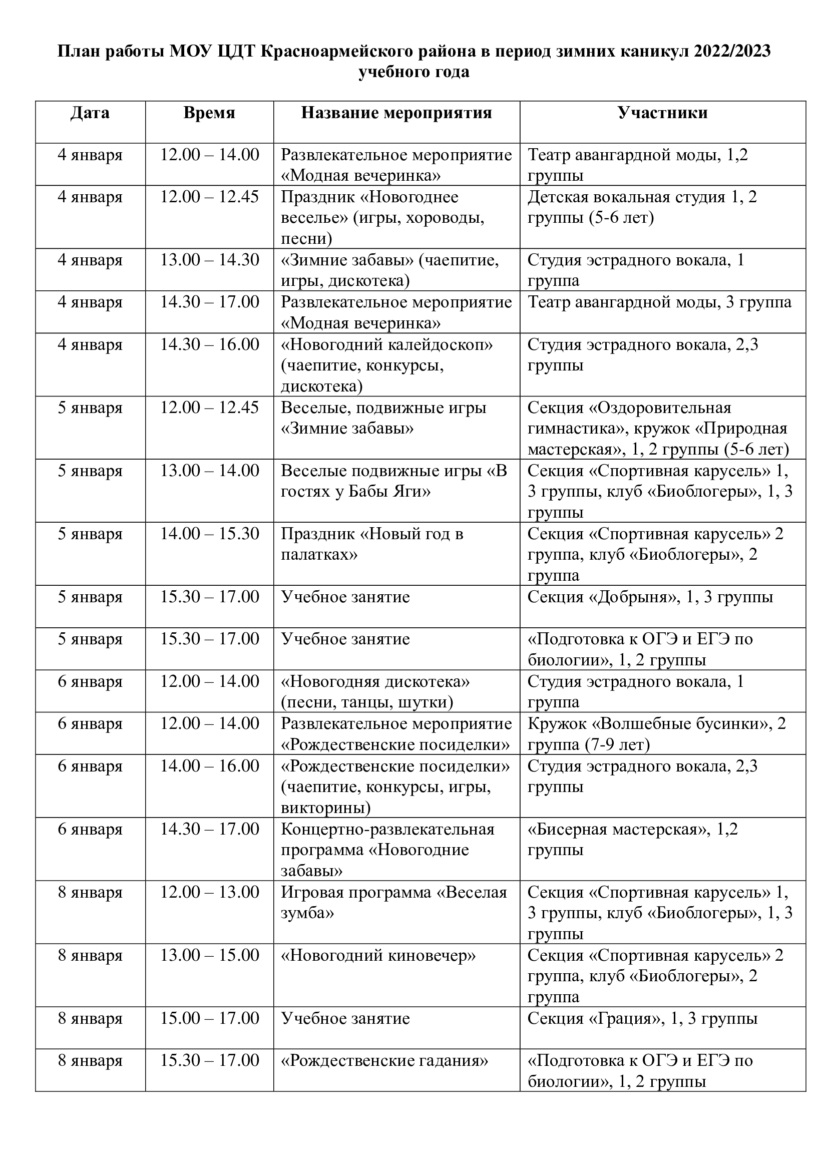 План работы Центра на зимних каникулах